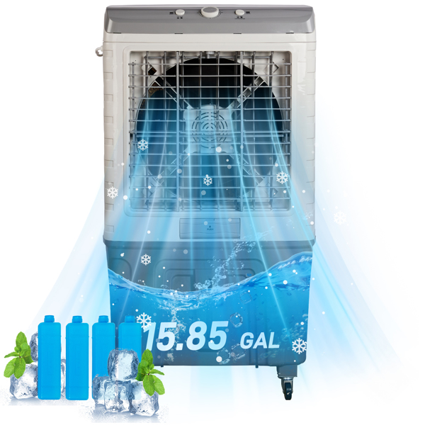 美规 707L 电风扇 110V 200W 60L 带机械旋钮 带4块冰晶 带脚轮 冷气扇 PP+ABS塑料 全铜电机 灰白色 （风扇，降温、加湿）3合1-6