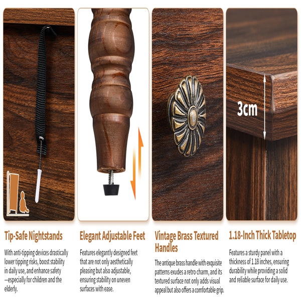 棕色 P2刨花板贴3D纸+实木腿 63*44.5*68.5CM 三抽 床头柜 1pcs-10