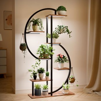 63 英寸高植物架带生长灯，S形7 层转角植物架，金属室内植物架带 3 个挂钩，多用途植物花架，适用于家庭和庭院