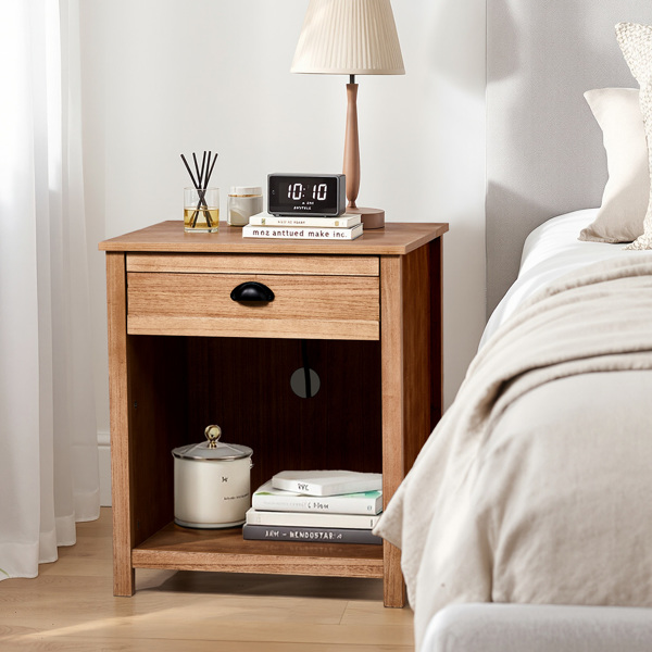 橡木色 P2密度板+贴实木皮框架 56*45*65cm 一抽带下隔层 床头柜 中世纪现代 1pcs-7