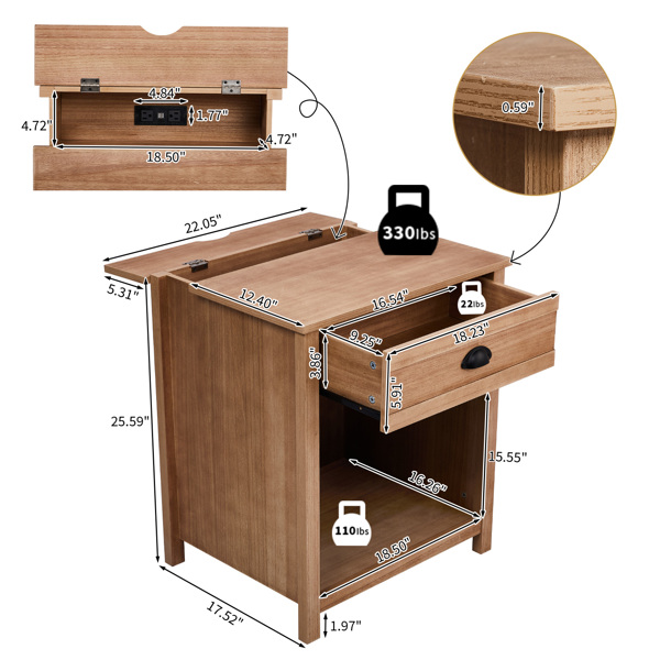 橡木色 P2密度板+贴实木皮框架 56*45*65cm 一抽带下隔层 床头柜 中世纪现代 1pcs-18