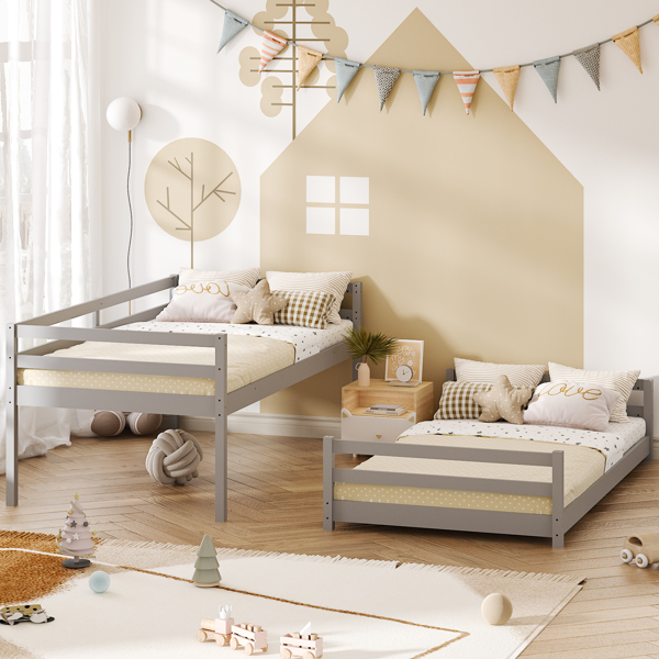 头尾横撑护栏 灰色 油漆面 松木 Twin 儿童木床 直梯 可拆分成单层床 双层床-2