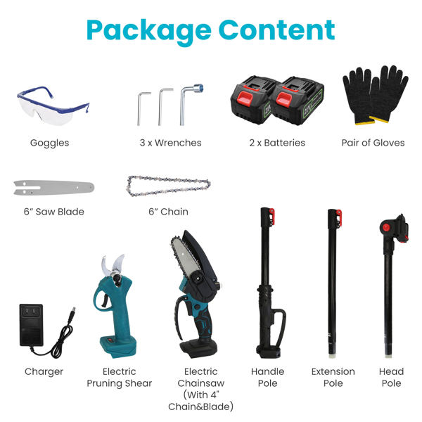 （物流随机发，自提可发加拿大）-4 合 1 树杆修枝剪，用于修剪树木的电动修枝剪和树杆锯，带 7 个可调节的头部角度，充电式树杆剪和电池树杆锯，带 2 块 3000mAh 可充电电池-13