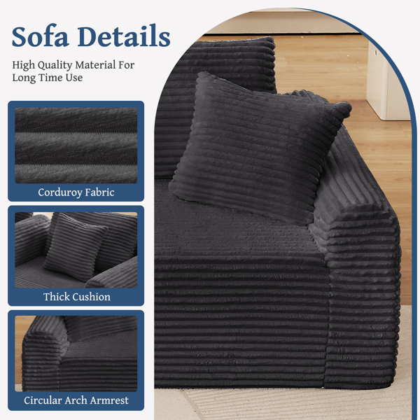 全压缩躺椅套装 - 模块化灯芯绒组合沙发，带拱形扶手、防滑底座，包含 3 个靠背垫和 2 个抱枕，右侧躺椅沙发-5