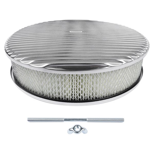 空气滤清器 14" x 3" 14 Full Finned Aluminum Round Air Cleaner Air Filter Kit Polished with a Recessed Base and Paper Element Fits Single Quad Carburetors with 5-1/8" Neck 5" Steel Mounting Stud-4