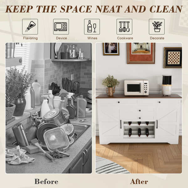 54 英寸农舍自助餐边柜，带储物柜和可调节搁板 - 带抽屉的木质桌面餐桌，适用于餐厅、客厅的厨房储物柜，白色-3