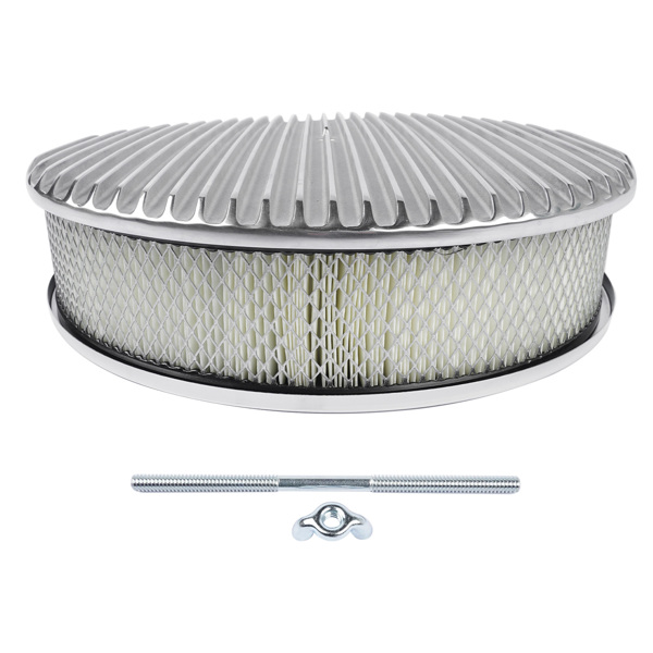 空气滤清器 14" x 3" 14 Full Finned Aluminum Round Air Cleaner Air Filter Kit Polished with a Recessed Base and Paper Element Fits Single Quad Carburetors with 5-1/8" Neck 5" Steel Mounting Stud-3