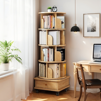 5 Tier Rotating Bookshelf, 360° Display Round Spinning Bookshelf with Wheels, Space-Saving, Small Space Rotating Bookshelf Tower for Bedroom, Living Room, Home, Office, Wood Color
