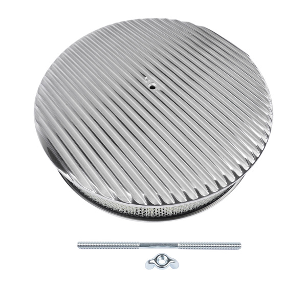 空气滤清器 14" x 3" 14 Full Finned Aluminum Round Air Cleaner Air Filter Kit Polished with a Recessed Base and Paper Element Fits Single Quad Carburetors with 5-1/8" Neck 5" Steel Mounting Stud-2