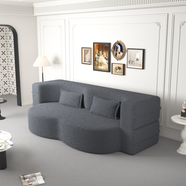 现代落地沙发，带 2 个枕头，可转换泰迪布艺泡沫填充沙发床，15 英寸全尺寸折叠床垫，适用于客厅、客床、游戏室，无需组装，灰色-6