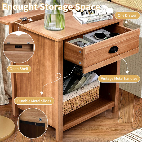 橡木色 P2密度板+贴实木皮框架 56*45*65cm 一抽带下隔层 床头柜 中世纪现代 1pcs-3