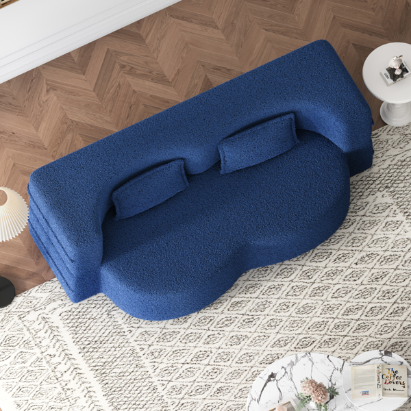 现代落地沙发，带 2 个枕头，可转换泰迪布艺泡沫填充沙发床，15 英寸全尺寸折叠床垫，适用于客厅、客床、游戏室，无需组装，蓝色-10