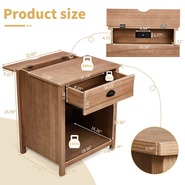 橡木色 P2密度板+贴实木皮框架 56*45*65cm 一抽带下隔层 床头柜 中世纪现代 1pcs-2