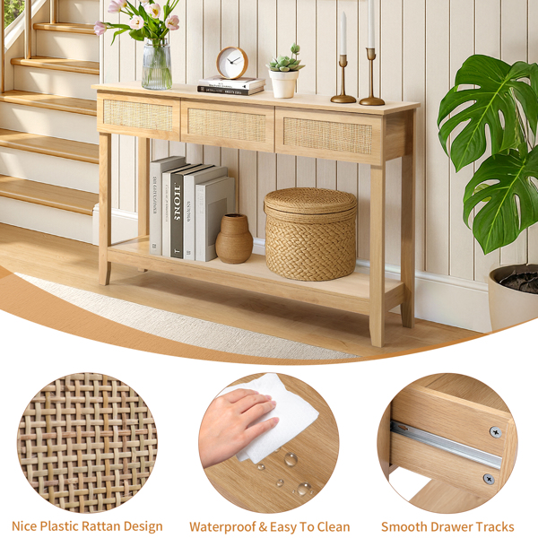 原木色 2层3抽 MDF 130*30*81cm 玄关桌 藤面-9