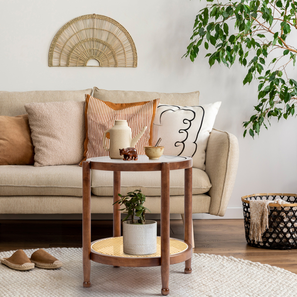 19.7in 双层 胡桃色 庭院木边桌 玻璃 橡胶木 PE藤-6