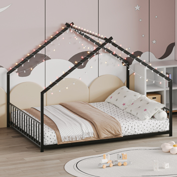 Full size children\\'s bed frame with LED light strips, roof-shaped iron frame bed, Black,78.5\\" L x 55.9\\" W x 58.4\\" H. 