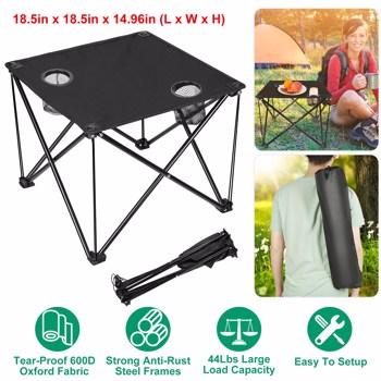 紧凑型可折叠户外边桌--无需工具安装，防水 600D 面料，钢制 X 型框架，可承重 44 磅，包括提袋和饮料架，露营、烧烤、钓鱼和后院的完美选择