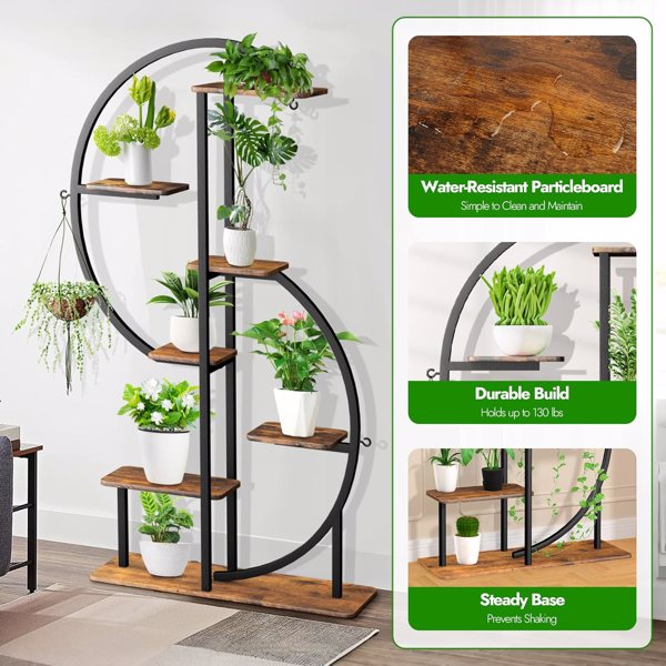 63 英寸高植物架带生长灯，S形7 层转角植物架，金属室内植物架带 3 个挂钩，多用途植物花架，适用于家庭和庭院-5