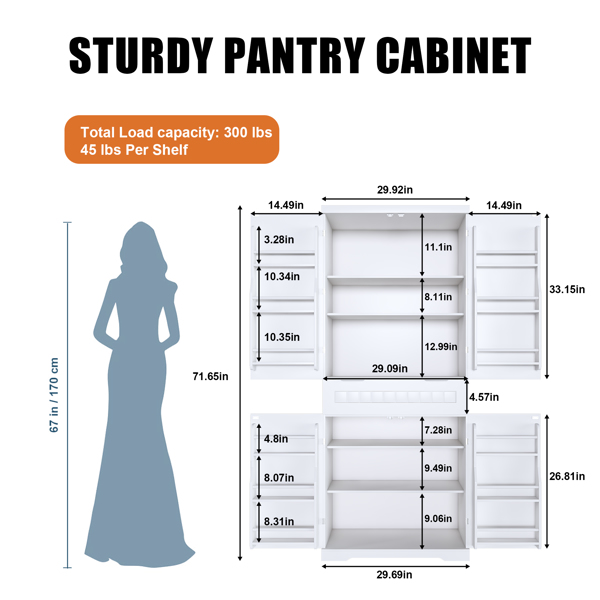 食品柜，71.65 英寸高储物柜，带抽屉，2 个橱柜和 6 个门架，可调节搁板，独立式橱柜，适用于厨房、客厅、浴室，农舍风格，白色-2
