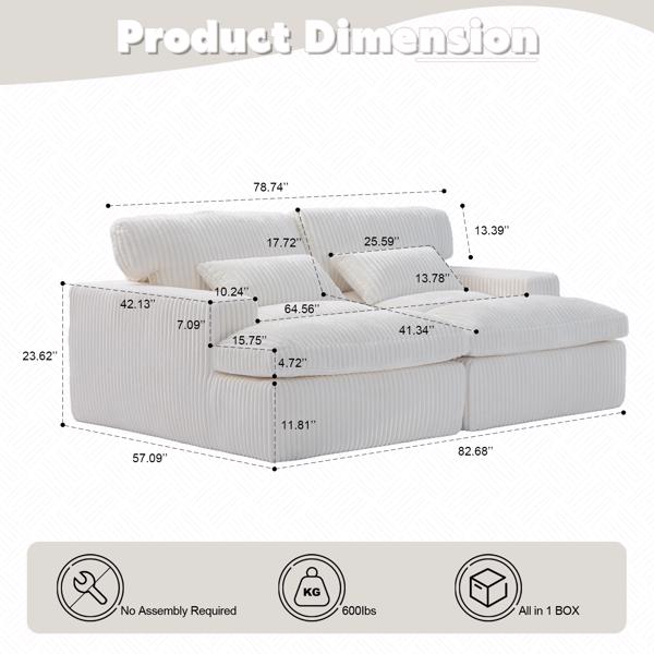 室内双人躺椅、超大软垫睡云沙发、深座豪华沙发床、分段沙发椅、客厅用灯芯绒阅读椅、无需组装、白色-3