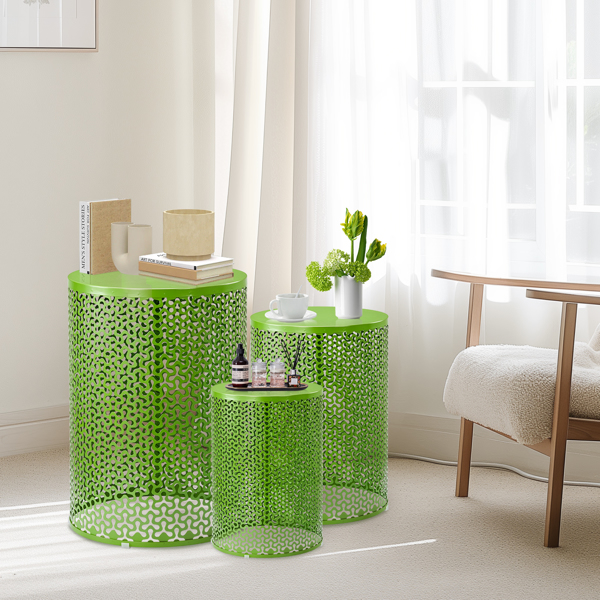3pcs  三叶草花纹  桶形 绿色 15.7/13.7/11.8inch 庭院堆叠铁边桌-2