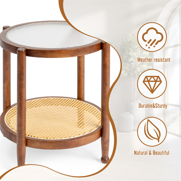 19.7in 双层 胡桃色 庭院木边桌 玻璃 橡胶木 PE藤-15