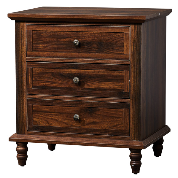 棕色 P2刨花板贴3D纸+实木腿 63*44.5*68.5CM 三抽 床头柜 1pcs-16