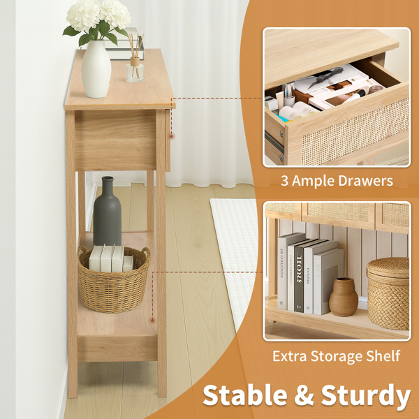 原木色 2层3抽 MDF 130*30*81cm 玄关桌 藤面-11