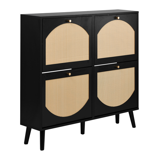 2排4个翻斗带高脚拱形藤面 鞋柜 刨花板+塑料藤 105*24*98cm 黑色框架+原木色藤面+黑色高脚 鞋柜-10