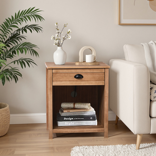 橡木色 P2密度板+贴实木皮框架 56*45*65cm 一抽带下隔层 床头柜 中世纪现代 1pcs-5