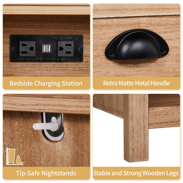 橡木色 P2密度板+贴实木皮框架 56*45*65cm 一抽带下隔层 床头柜 中世纪现代 1pcs-4