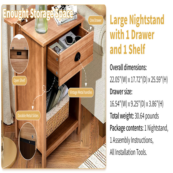 橡木色 P2密度板+贴实木皮框架 56*45*65cm 一抽带下隔层 床头柜 中世纪现代 1pcs-8