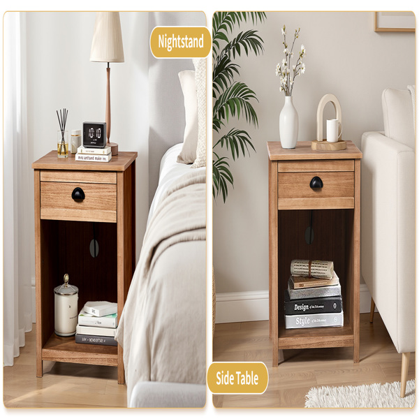 橡木色 P2密度板+贴实木皮框架 56*45*65cm 一抽带下隔层 床头柜 中世纪现代 1pcs-10