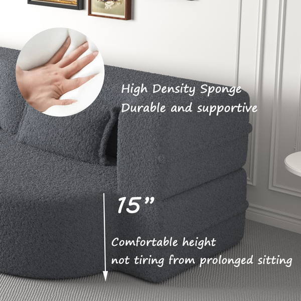 现代落地沙发，带 2 个枕头，可转换泰迪布艺泡沫填充沙发床，15 英寸全尺寸折叠床垫，适用于客厅、客床、游戏室，无需组装，灰色-3