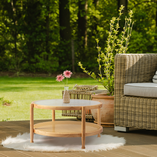 31.5 双层 原木色 庭院木边桌 玻璃 橡胶木 PE藤-5