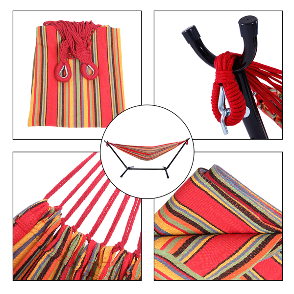 9ft 红小条 黑底银花架子 2*1.5m涤棉吊床 铁吊床套装 330.00lbs-7