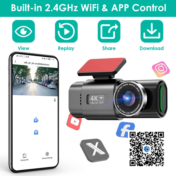 前后 4K+1080P 双摄像头（带 WiFi 和免费 64 GB 存储卡） | 140°/120° 广角循环录制 | G 传感器和夜视功能 | 迷你铝合金车载摄像头，易于安装-4