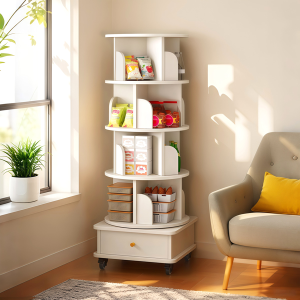 5 层旋转书架，360° 展示圆形旋转书架，带轮子和抽屉，节省空间，小空间旋转书架塔，适用于卧室、客厅、家庭、办公室，暖白色-5