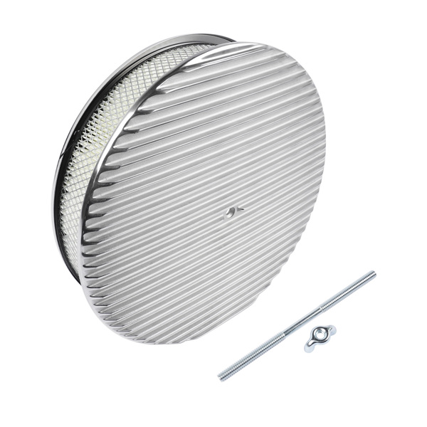 空气滤清器 14" x 3" 14 Full Finned Aluminum Round Air Cleaner Air Filter Kit Polished with a Recessed Base and Paper Element Fits Single Quad Carburetors with 5-1/8" Neck 5" Steel Mounting Stud-5