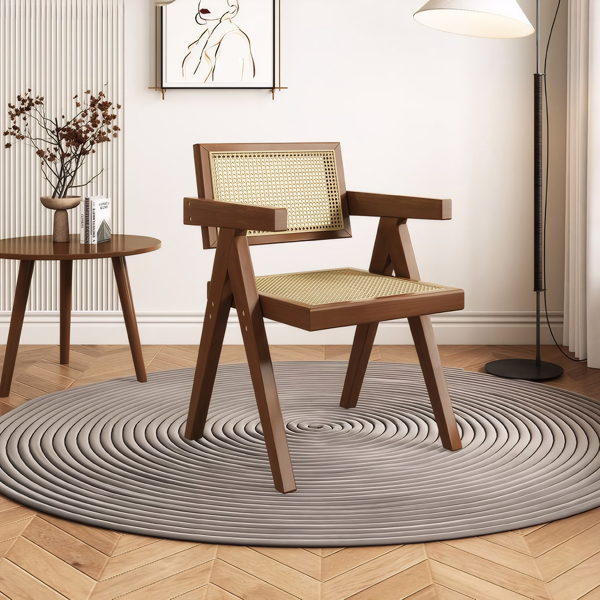 现代中世纪餐椅 2 件套，藤条装饰椅，舒适扶手椅，带扶手的户外木椅，适用于卧室、客厅、阅读室、餐厅、厨房，棕色-6