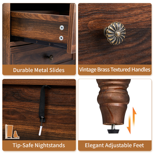 棕色 P2刨花板贴3D纸+实木腿 63*44.5*68.5CM 三抽 床头柜 1pcs-4