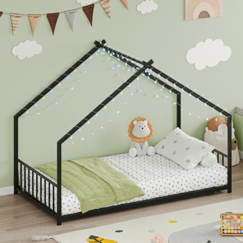Twin size children\\'s bed frame with LED light strips, roof-shaped iron frame bed, black,78.5\\" L x 40.9\\" W x 58.4\\" H. 