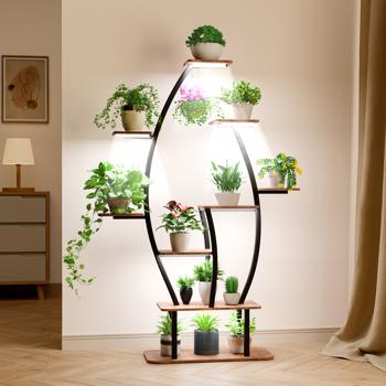 室内植物架，带生长灯，9层室内植物架、59英寸高的室内植物角架、金属植物花架、家庭叶形植物架、露台
