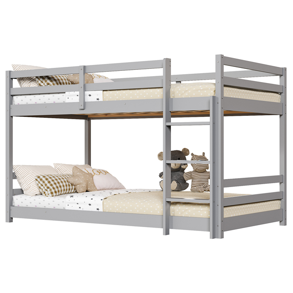 头尾横撑护栏 灰色 油漆面 松木 Twin 儿童木床 直梯 可拆分成单层床 双层床-5