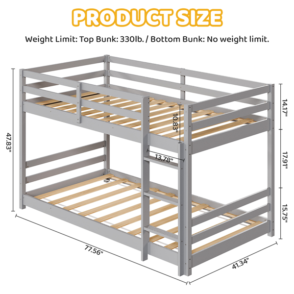 头尾横撑护栏 灰色 油漆面 松木 Twin 儿童木床 直梯 可拆分成单层床 双层床-4