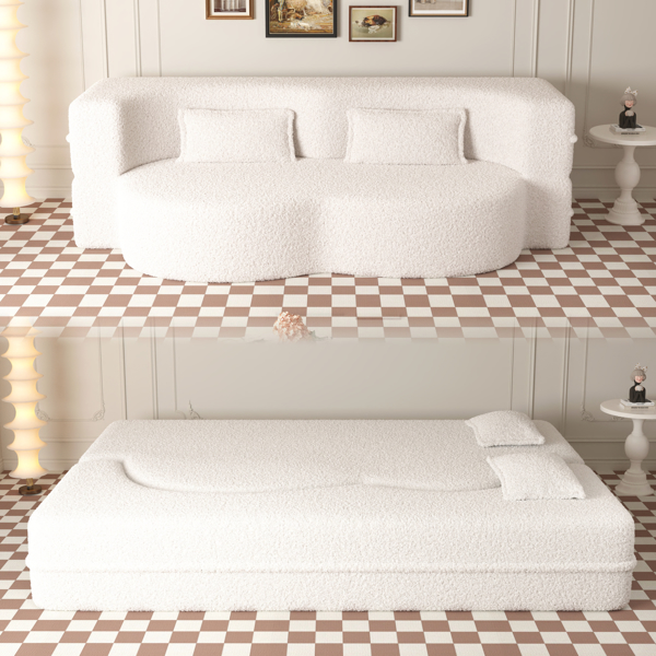 现代落地沙发，带 2 个枕头，可转换泰迪布艺泡沫填充沙发床，15 英寸全尺寸折叠床垫，适用于客厅、客床、游戏室，无需组装，米色-1