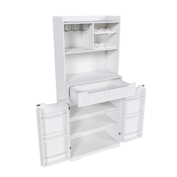 白色餐柜带 Hutch - 现代农舍厨房储物柜，带 2 个抽屉和谷仓门、咖啡吧台或酒柜，适用于餐厅、客厅-3