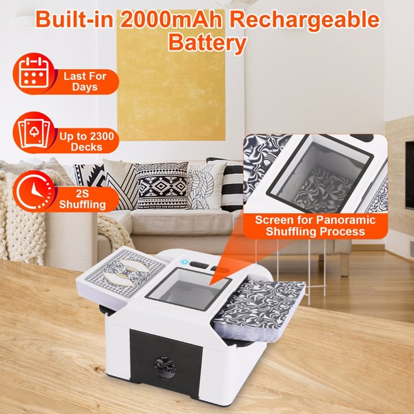 电动 2 层自动洗牌机 - 一按 2 秒洗牌、透明视窗、70 分贝静音、2 000 mAh 可充电、适用于标准牌和特殊牌、家庭和聚会游戏的完美选择-2