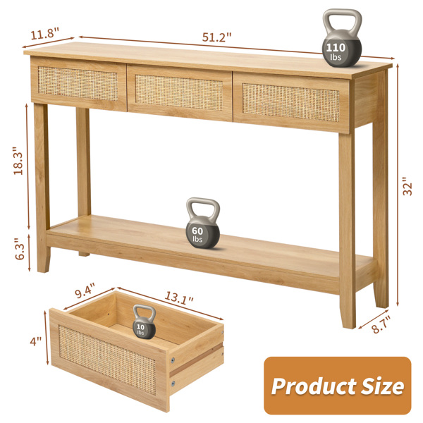 原木色 2层3抽 MDF 130*30*81cm 玄关桌 藤面-8