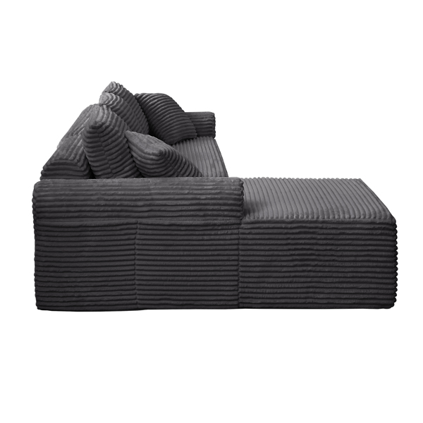 全压缩躺椅套装 - 模块化灯芯绒组合沙发，带拱形扶手、防滑底座，包含 3 个靠背垫和 2 个抱枕，右侧躺椅沙发-2